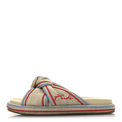 Fendi Raffia Cursive Logo Embroidered Mix Slide Sandals 39 Giallo 1 of 13