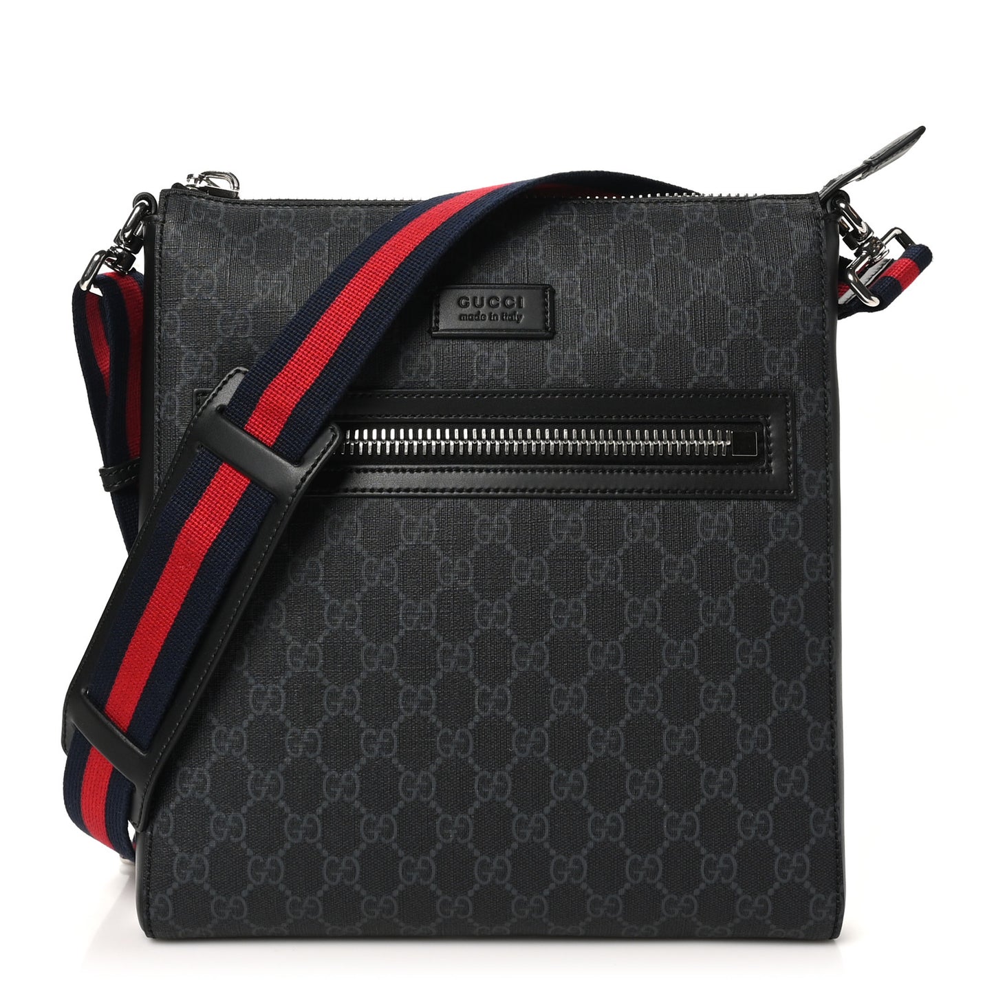 GG Supreme Monogram Appia Calfskin Web Flat Messenger Bag Black Grey