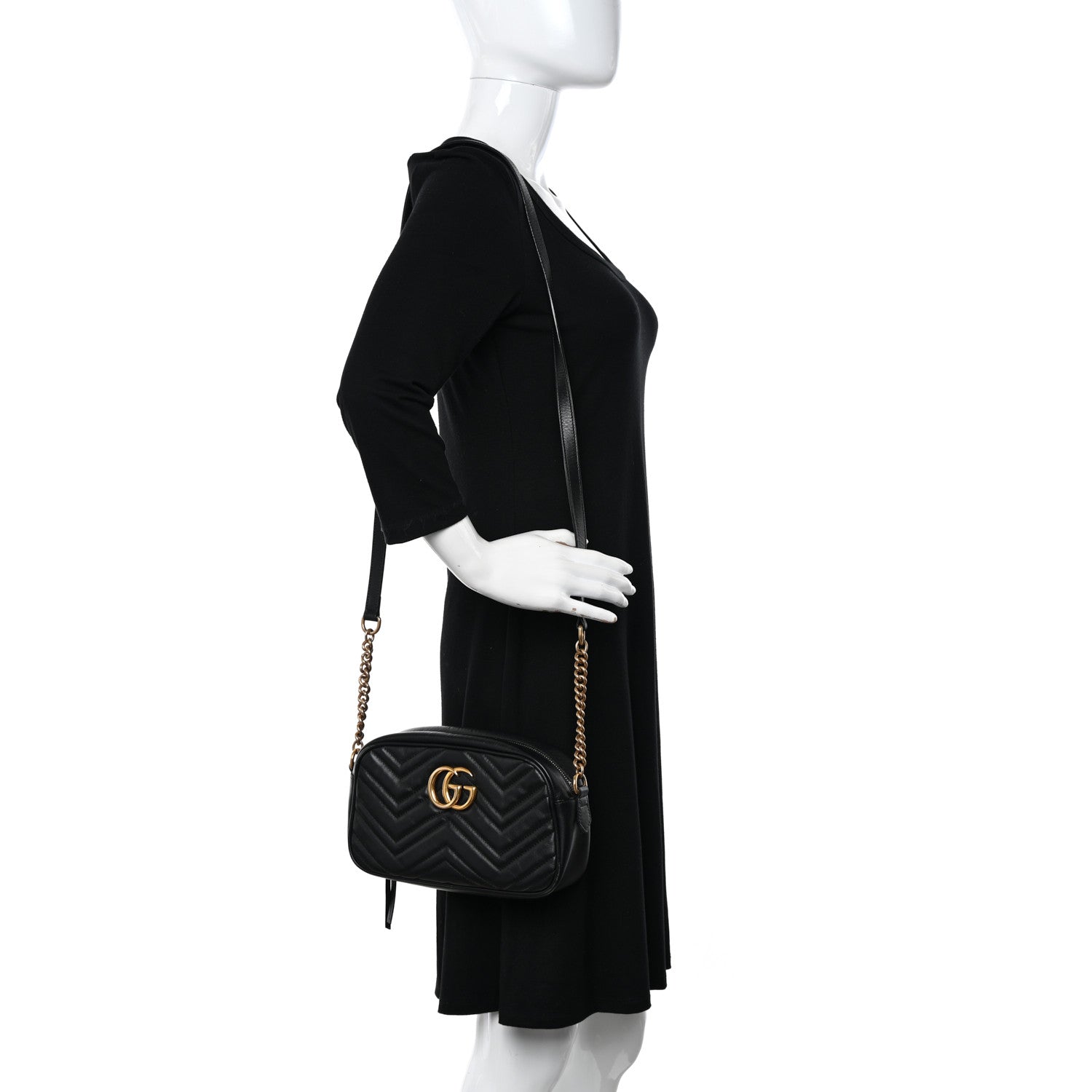 Gucci Calfskin Matelasse Small GG Marmont Chain Shoulder Bag Black 2 of 16