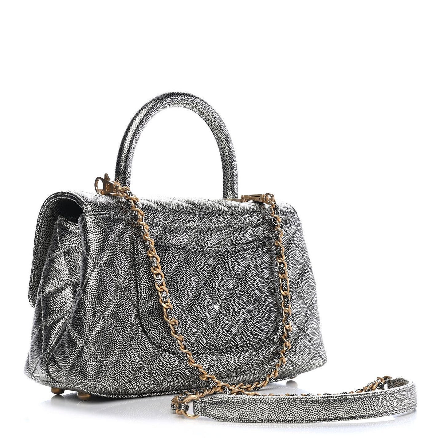 Metallic Caviar Quilted Mini Coco Handle Flap Silver