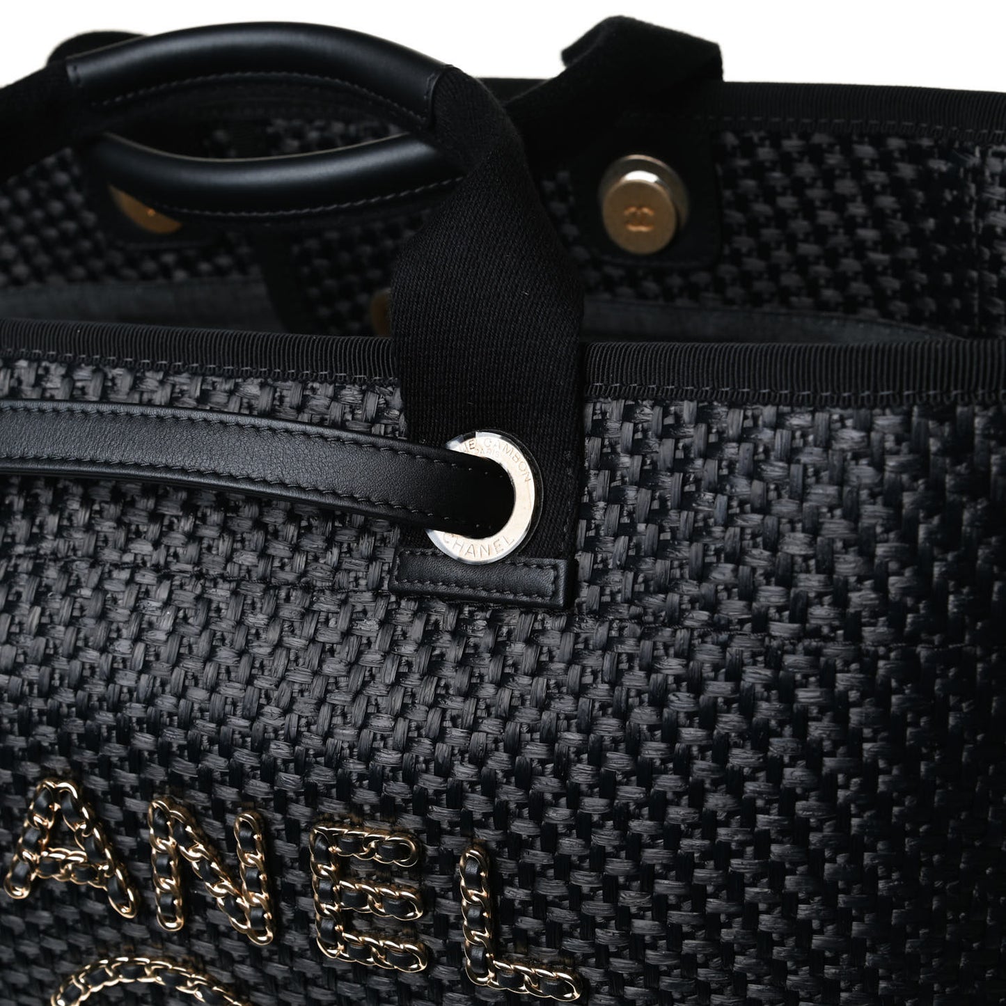 Straw Raffia Calfskin Chain Medium Deauville Tote Black