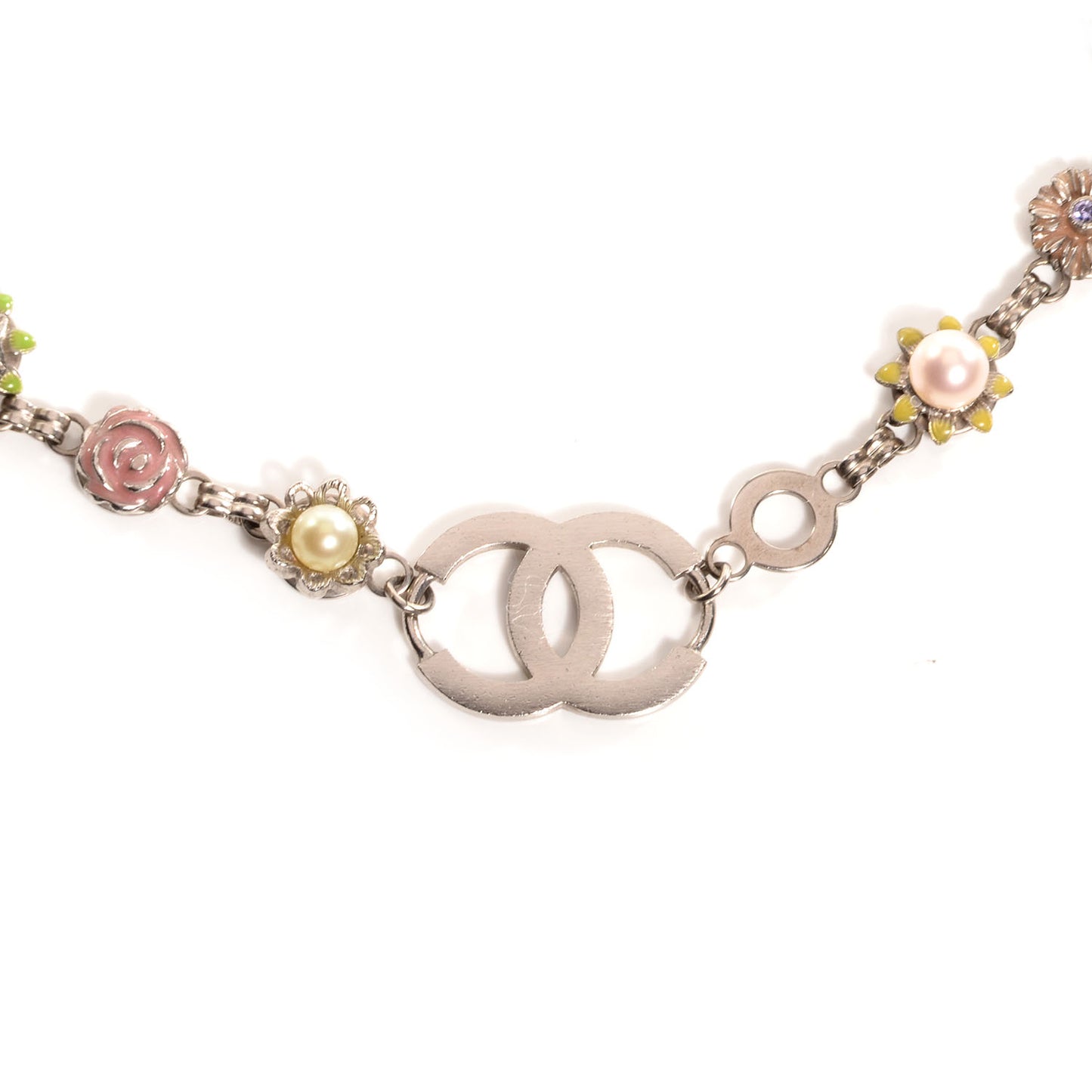 Crystal Pearl CC Flower Necklace Silver