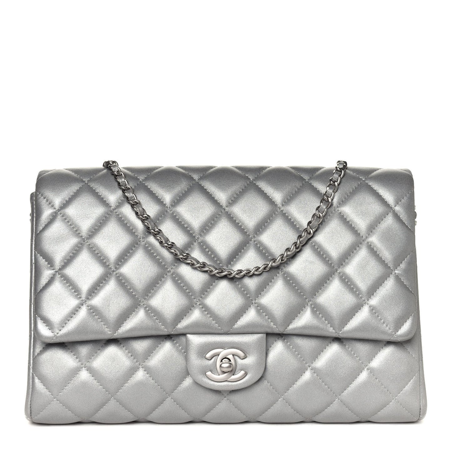 Metallic Lambskin Quilted Clutch With Chain Flap Silver