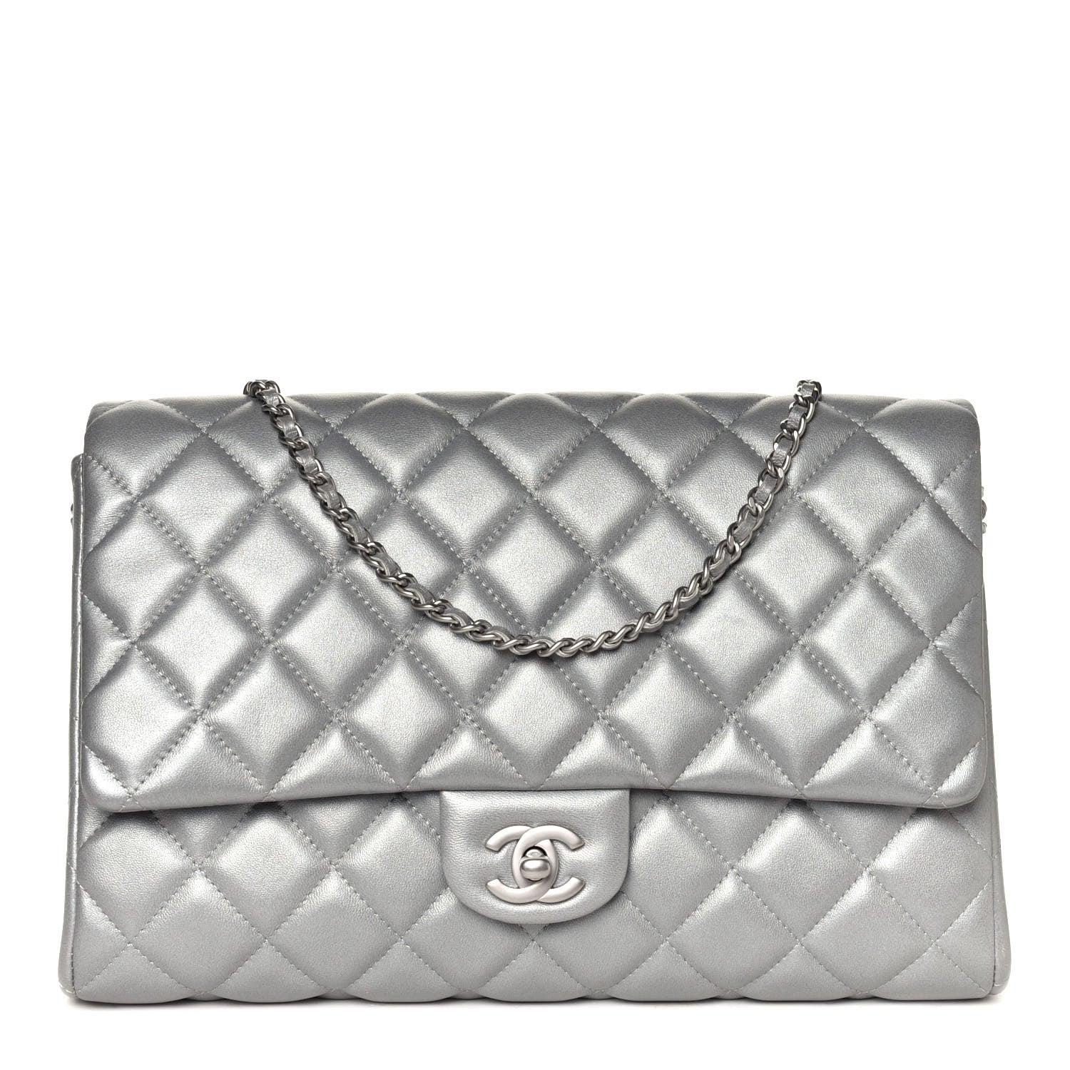 Chanel Metallic Lambskin Quilted Clutch With Chain Flap Silver 1 of 5