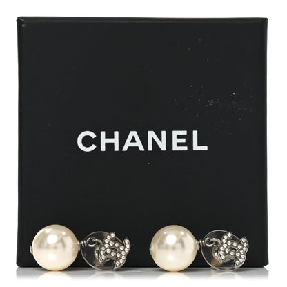 Chanel Crystal Pearl CC Drop Earrings Silver Pearly White 5 of 5