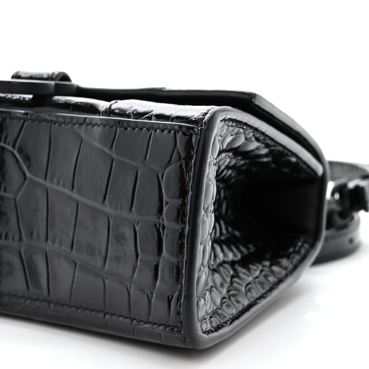 Shiny Calfskin Monochrome Crocodile Embossed Hourglass Top Handle Bag XS Black