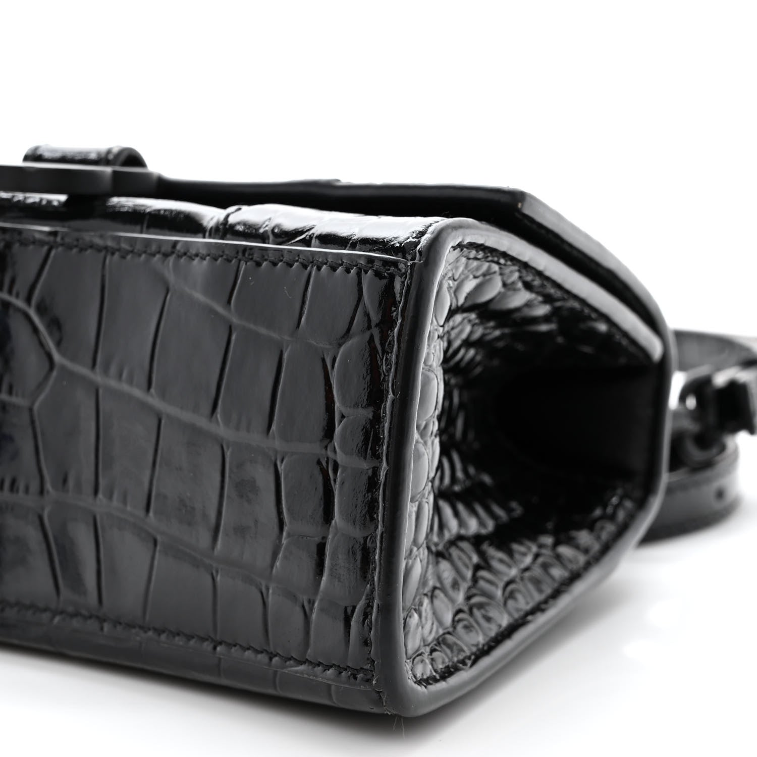 Balenciaga Shiny Calfskin Monochrome Crocodile Embossed Hourglass Top Handle Bag XS Black 11 of 13