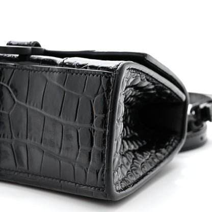 Balenciaga Shiny Calfskin Monochrome Crocodile Embossed Hourglass Top Handle Bag XS Black 11 of 13
