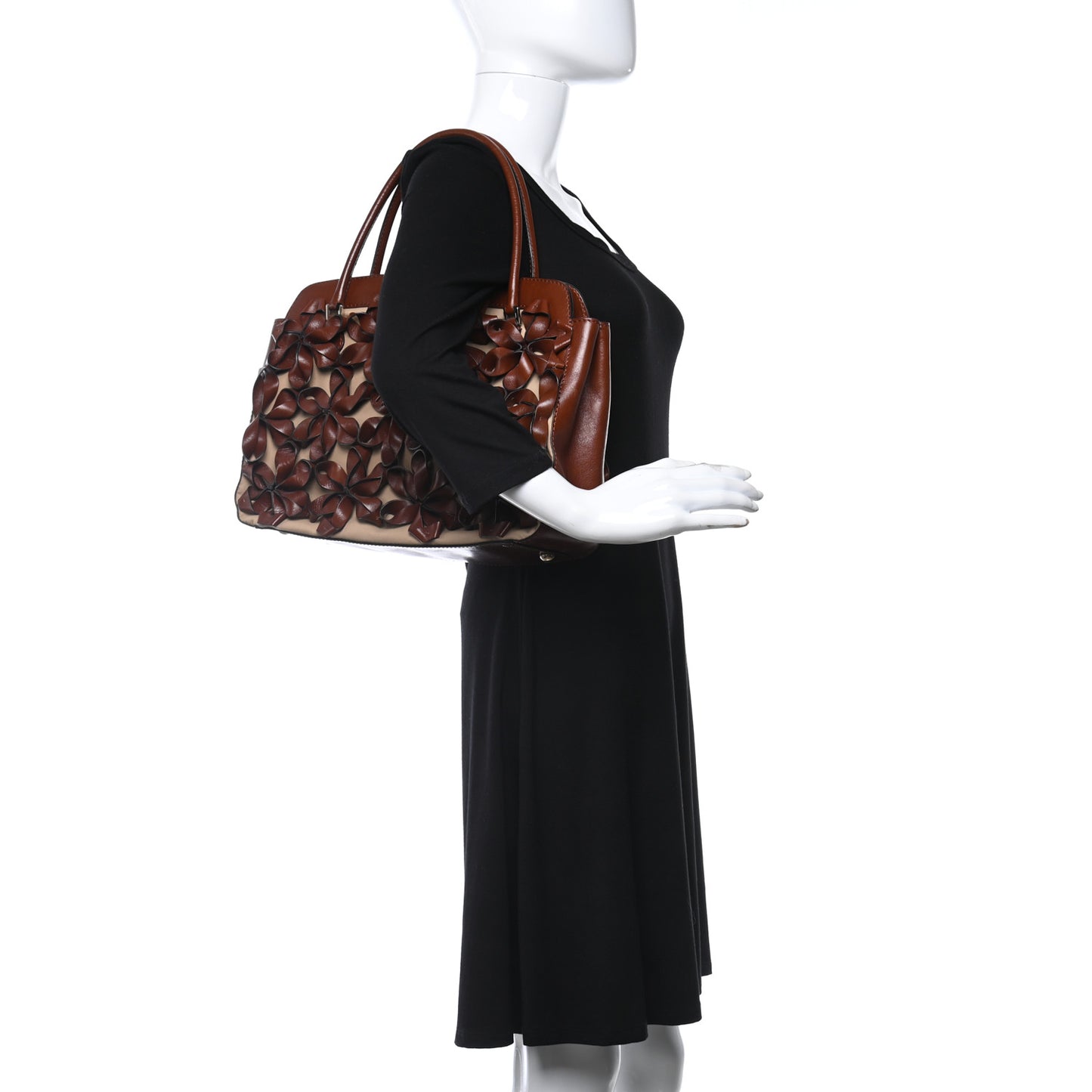 Calfskin Floral Applique Tote Brown