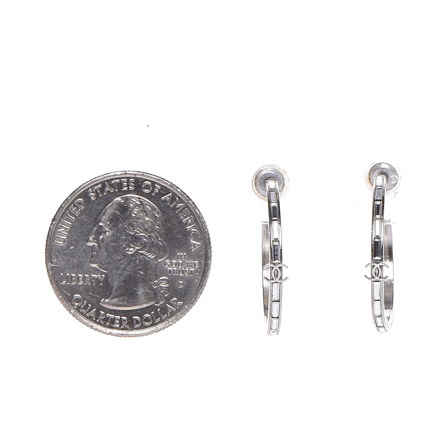 Baguette Crystal CC Hoop Earrings Silver