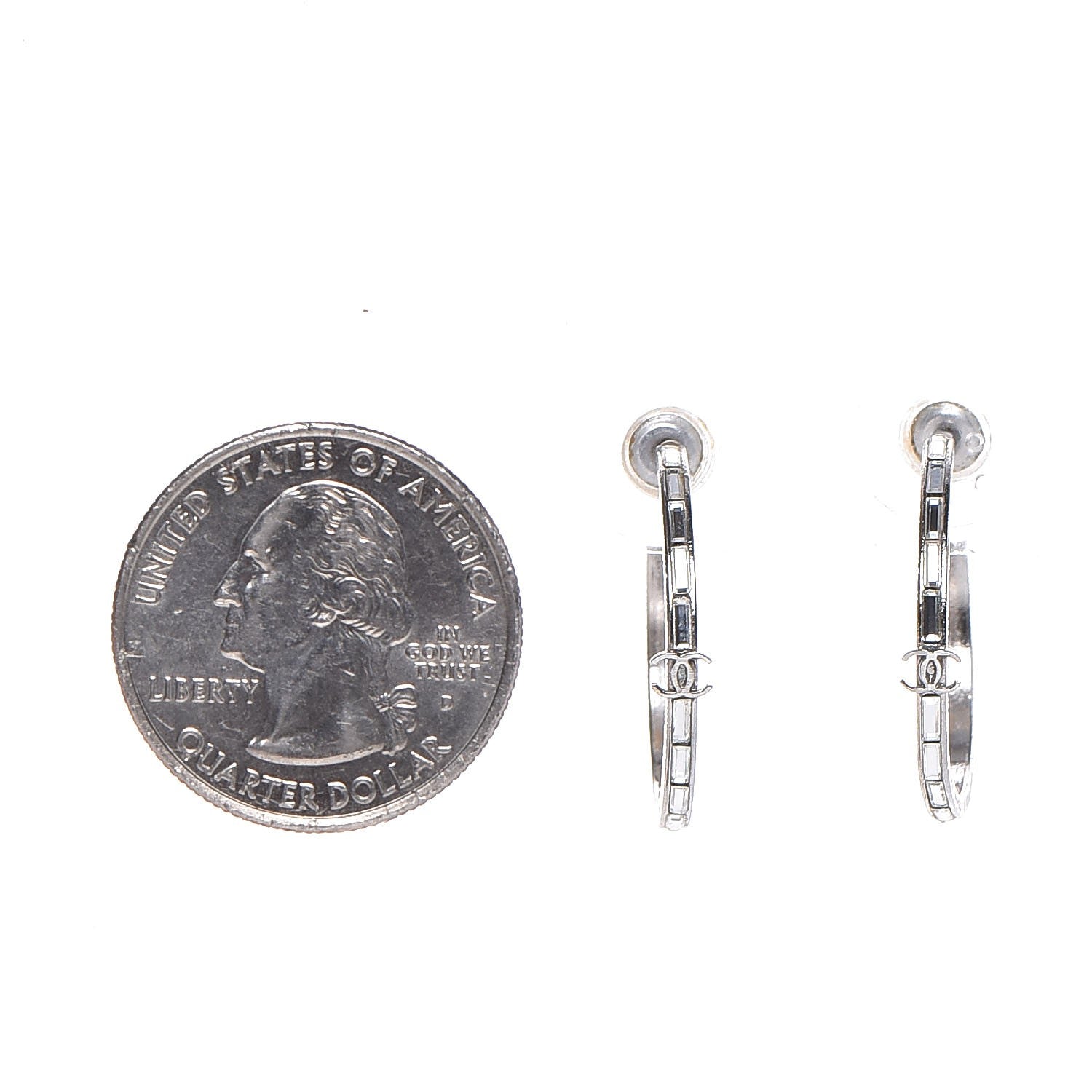 Chanel Baguette Crystal CC Hoop Earrings Silver 2 of 7