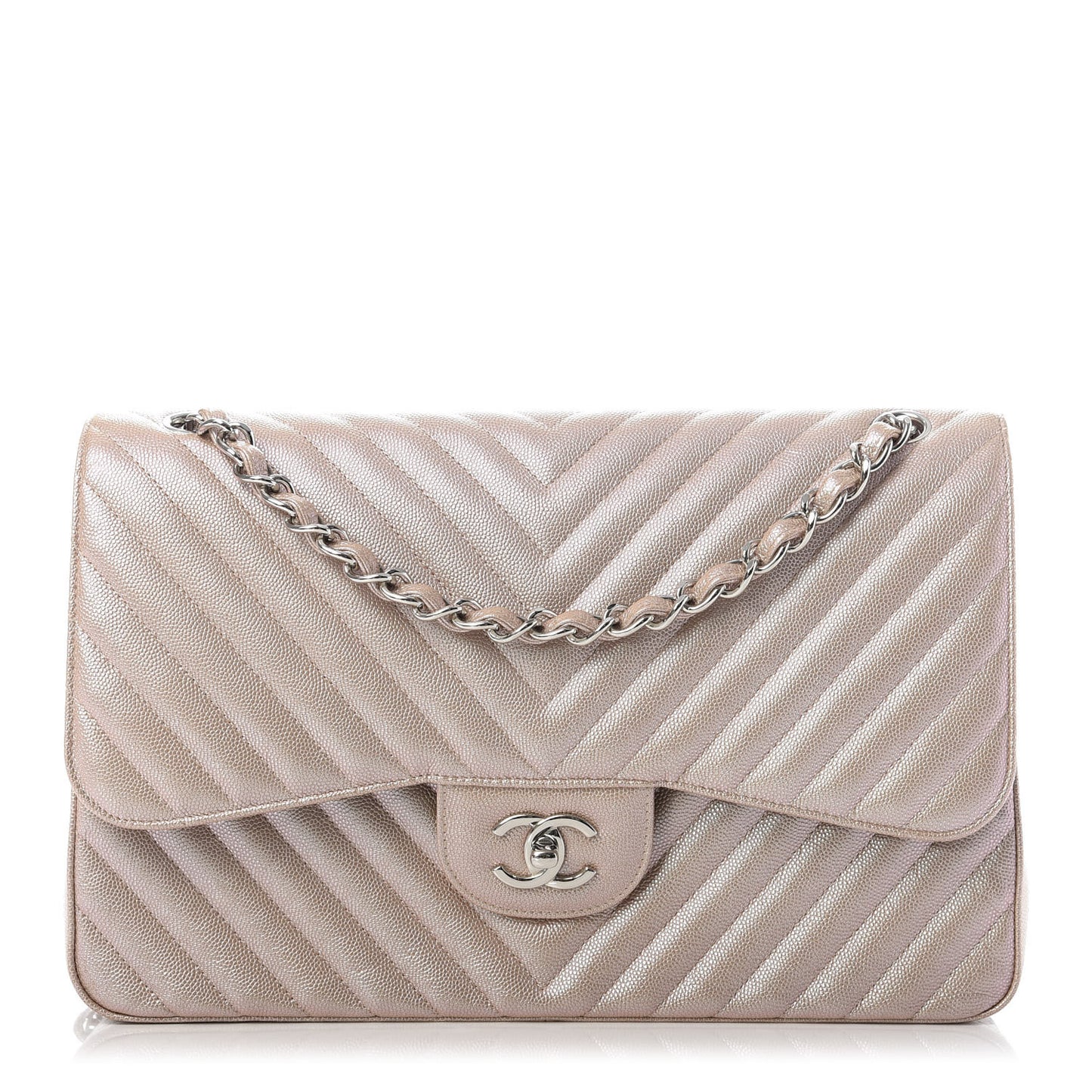 Metallic Caviar Chevron Quilted Jumbo Double Flap Light Gold