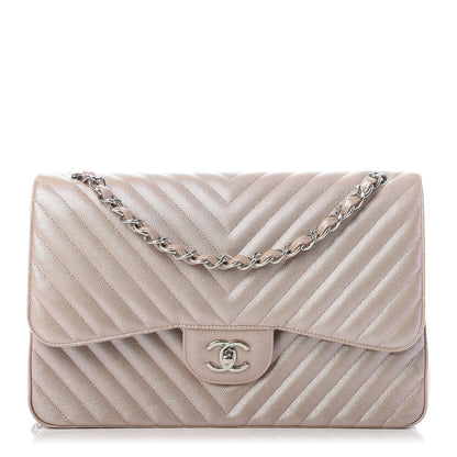 Chanel Metallic Caviar Chevron Quilted Jumbo Double Flap Light Gold 1 of 9