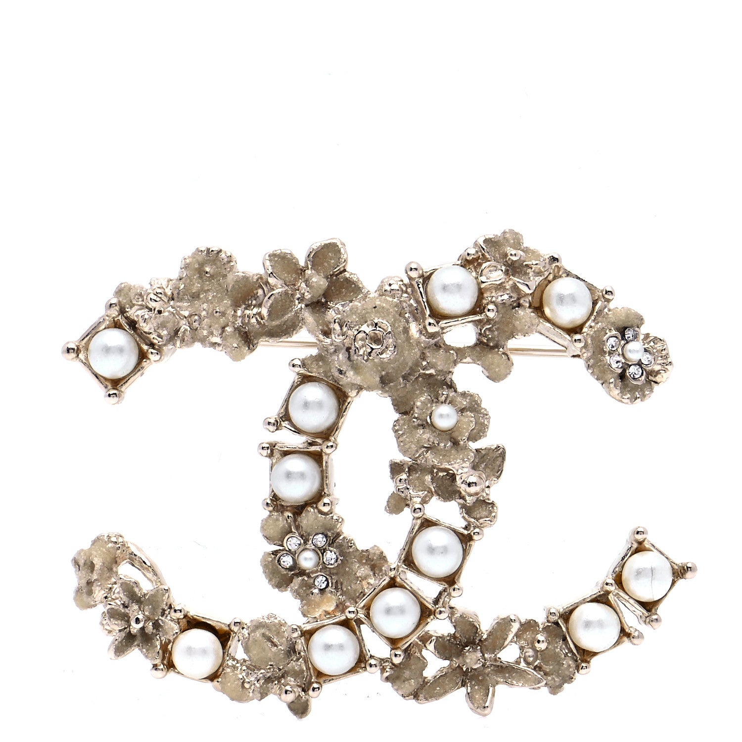 Chanel Pearl Crystal CC Flower Brooch White Nacre Gold 1 of 5