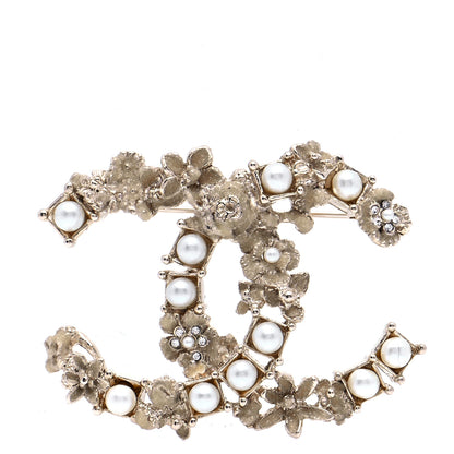 Chanel Pearl Crystal CC Flower Brooch White Nacre Gold 1 of 5