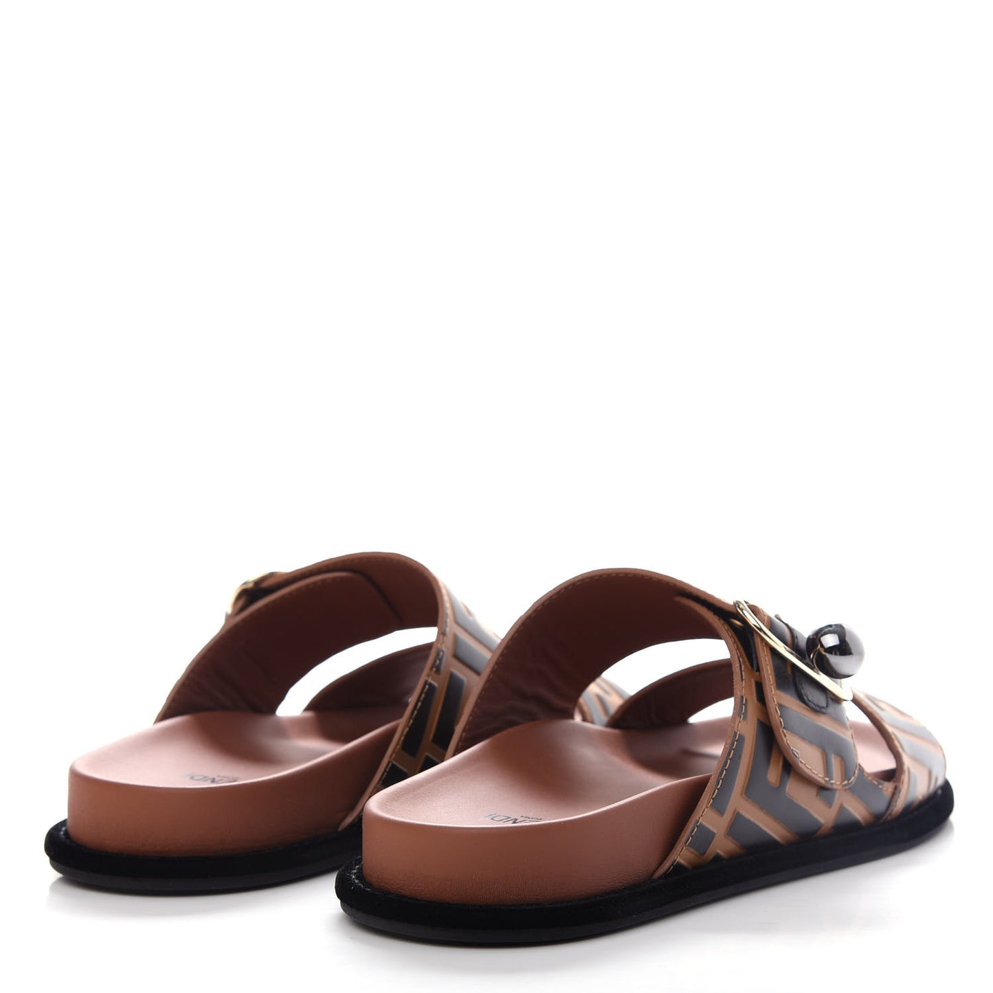 Calfskin FF Embossed Pearland Slide Sandals 37 Tobacco Moro