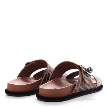 Fendi Calfskin FF Embossed Pearland Slide Sandals 37 Tobacco Moro 4 of 11
