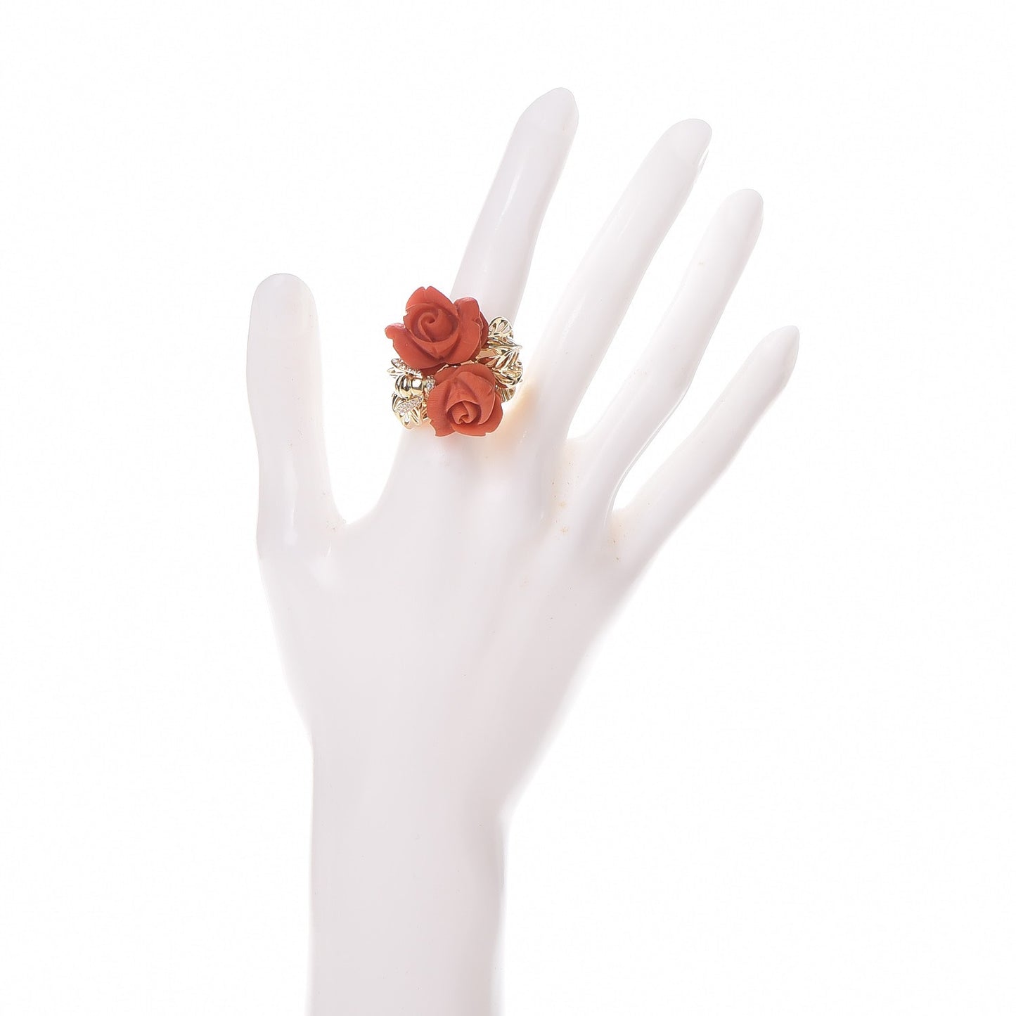 18K Yellow Gold Red Coral Diamond Large Rose Dior Pre Catelan Ring 53 6.5