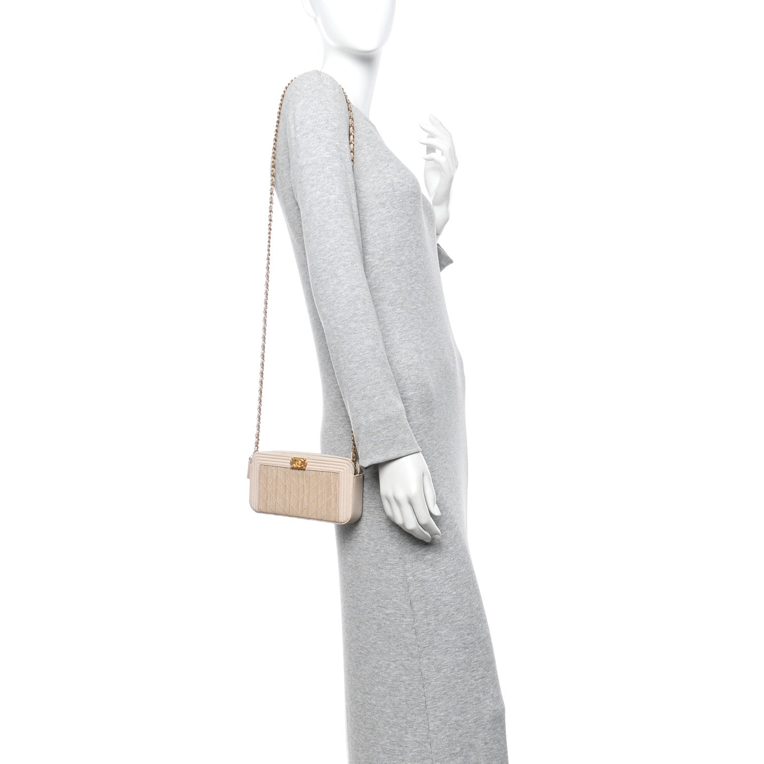Chanel Crumpled Lambskin Chevron Quilted Pleated Small Boy Clutch With Chain Beige 2 of 10