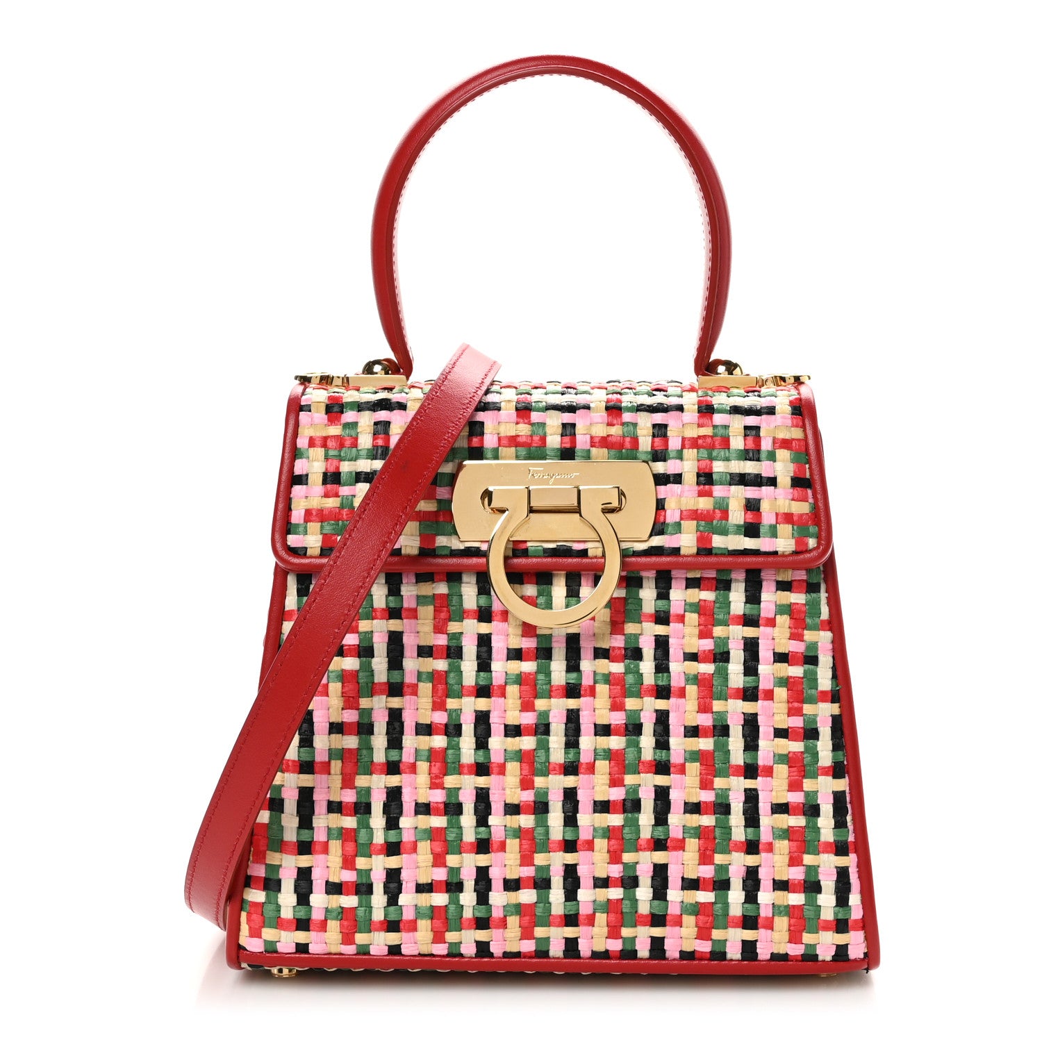 Salvatore Ferragamo Raffia Calfskin Small Iconic Top Handle Red Multicolor 1 of 11