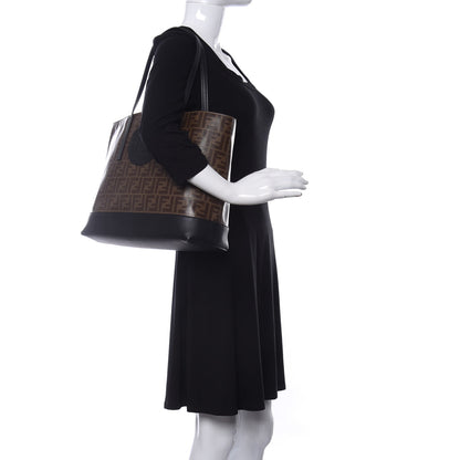 Fendi Glazed Fabric Vitello Century FF 1974 Stamp Patch Shopping Tote Mogano Panna Black 2 of 10
