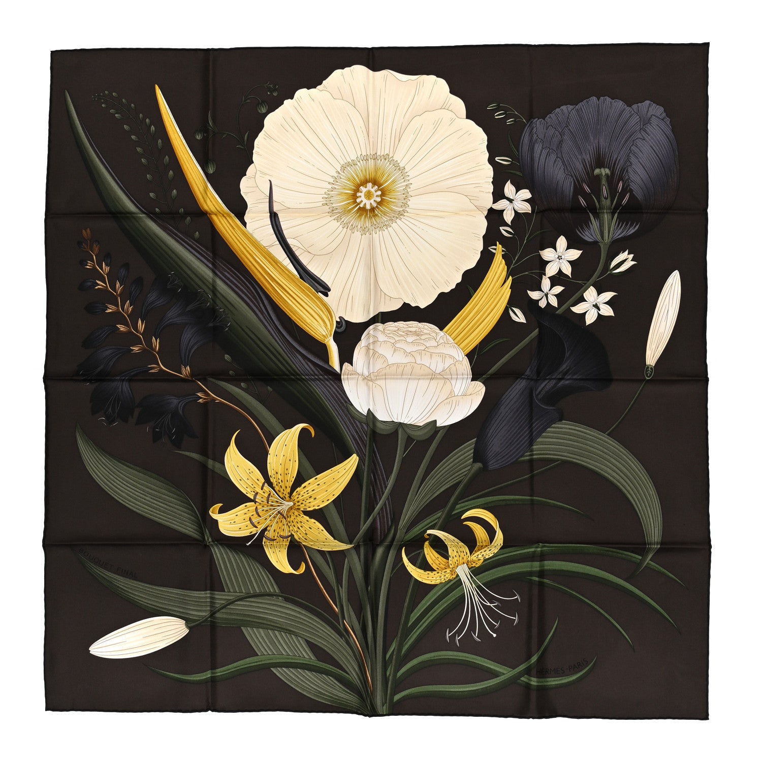 Hermes Silk Bouquet Final Scarf 90 Ebene Sable Vert 1 of 5