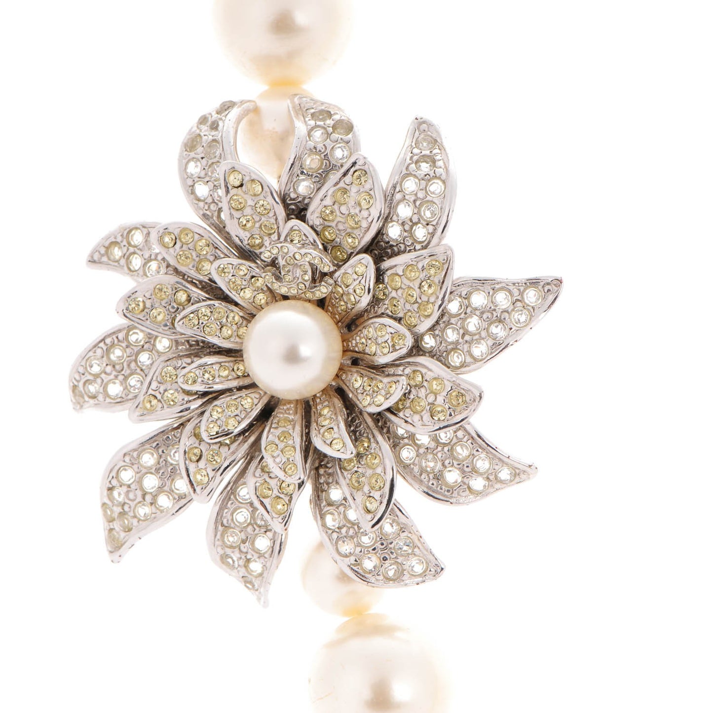 Crystal Pearl Flower CC Necklace Silver