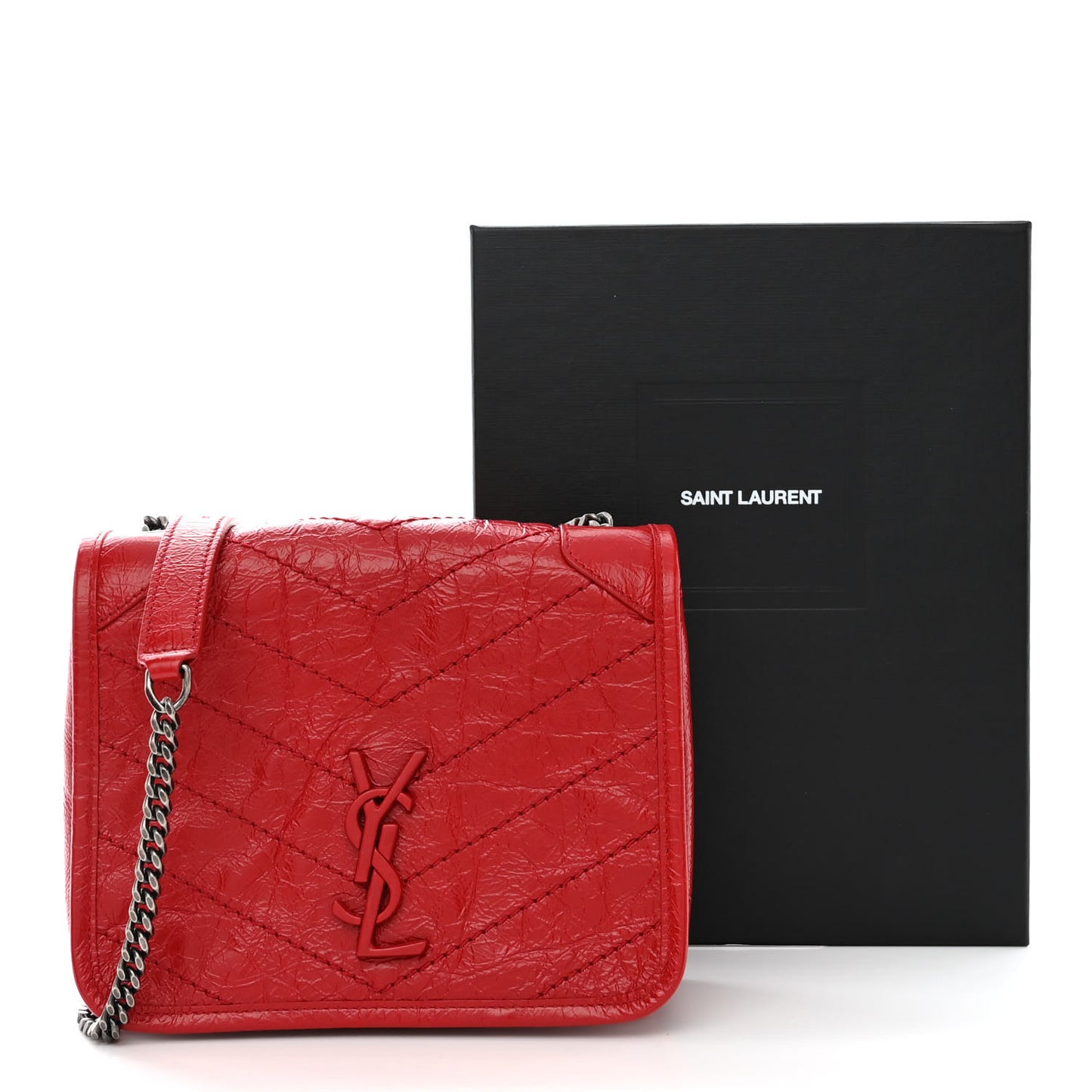 Crinkled Calfskin Matelasse Monogram Niki Chain Wallet Red