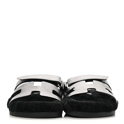 Hermes Calfskin Woolskin Womens Chypre Sandals 38 Black 2 of 9