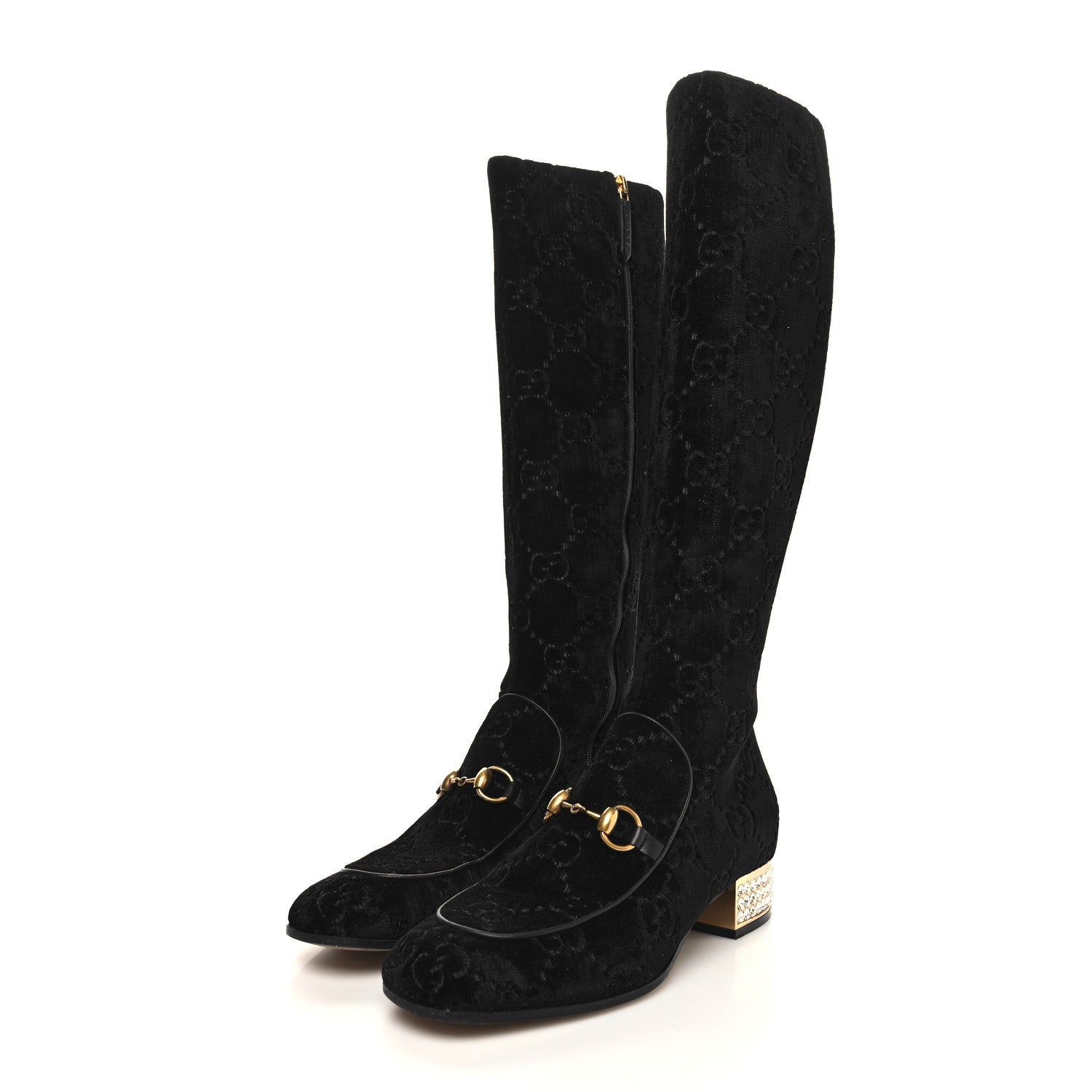 Gucci Velvet GG Monogram Crystal Horsebit Knee High Boots 38.5 Black 3 of 7