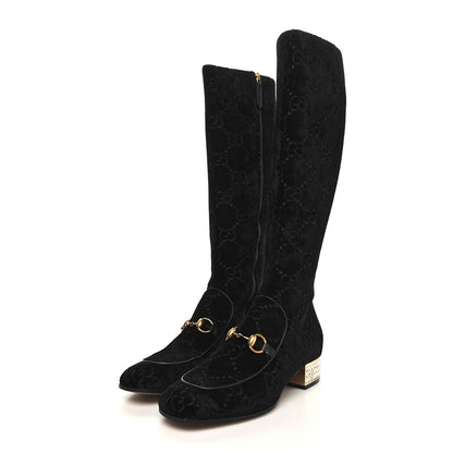 Gucci Velvet GG Monogram Crystal Horsebit Knee High Boots 38.5 Black 3 of 7