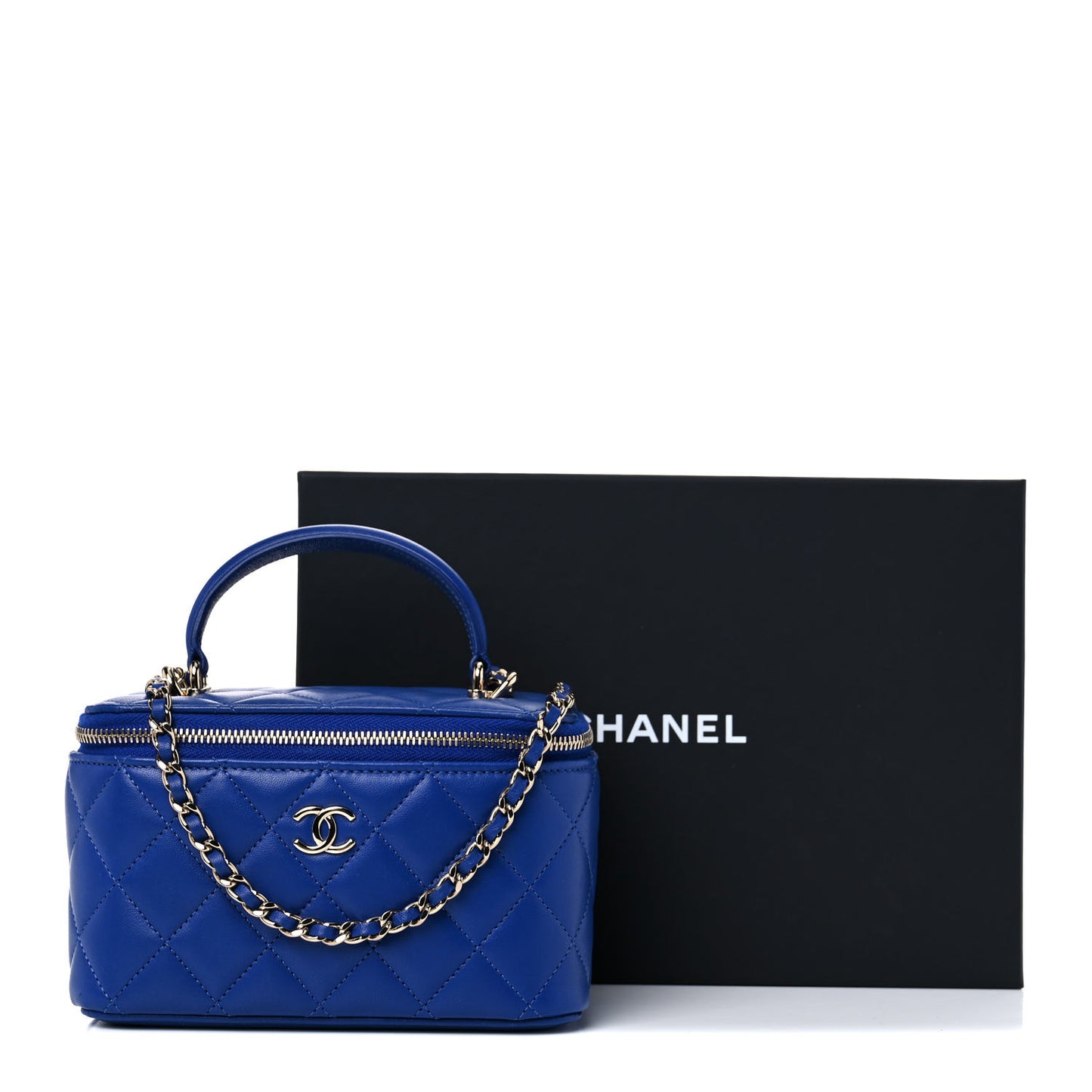 Lambskin Quilted Small Top Handle Vanity Case With Chain Blue