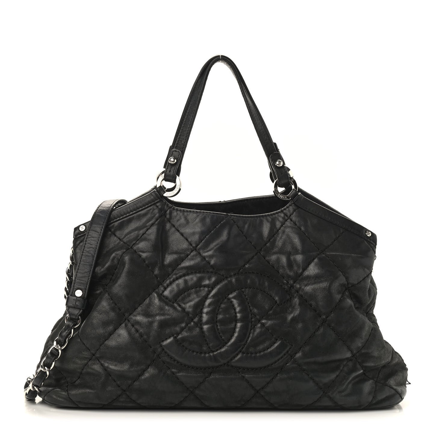 Iridescent Calfskin Stitched CC Shopping Tote Black
