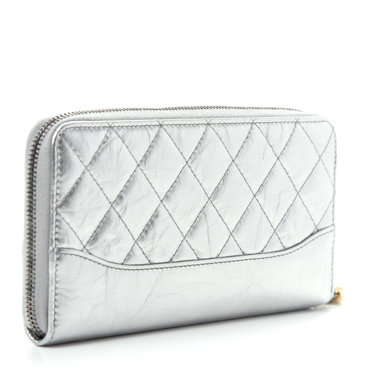 Metallic Aged Calfskin Quilted Large Gabrielle Zip Around Wallet Silver