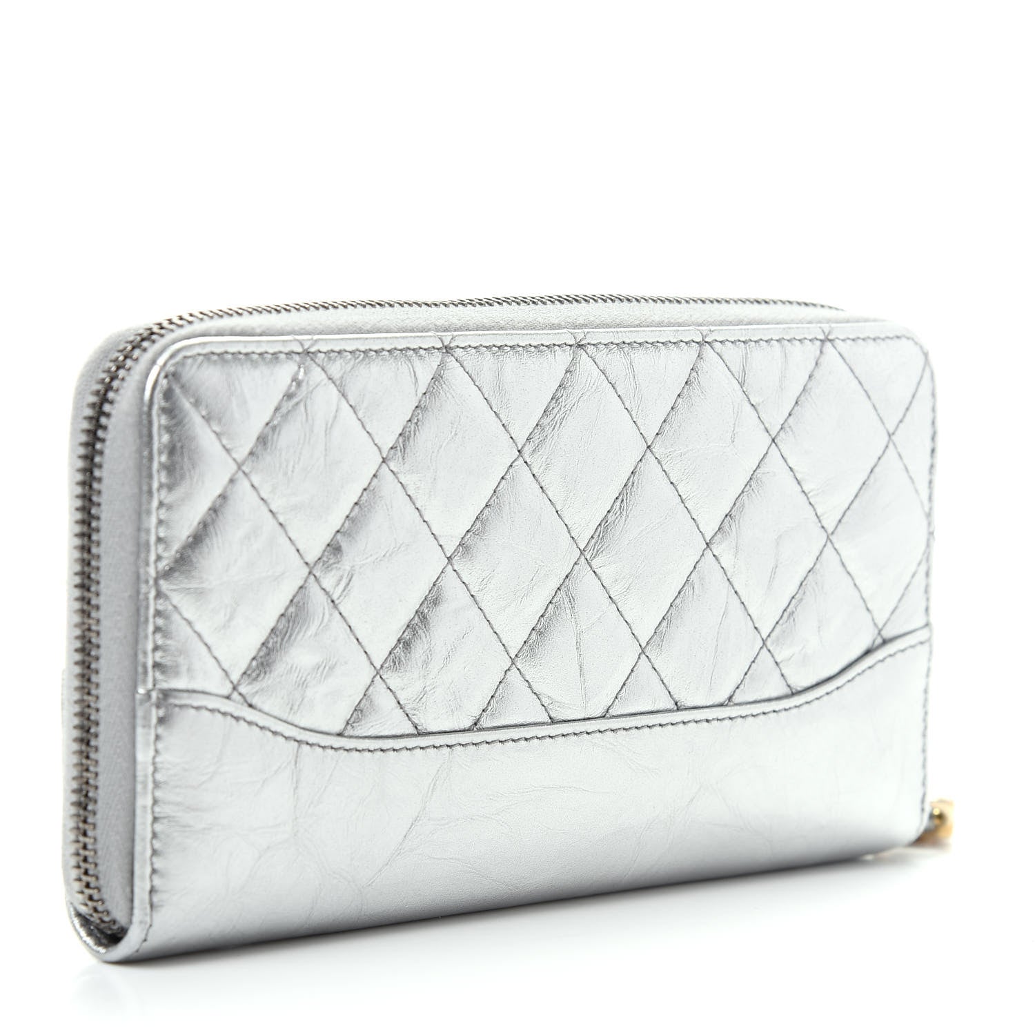 Chanel Metallic Aged Calfskin Quilted Large Gabrielle Zip Around Wallet Silver 3 of 9