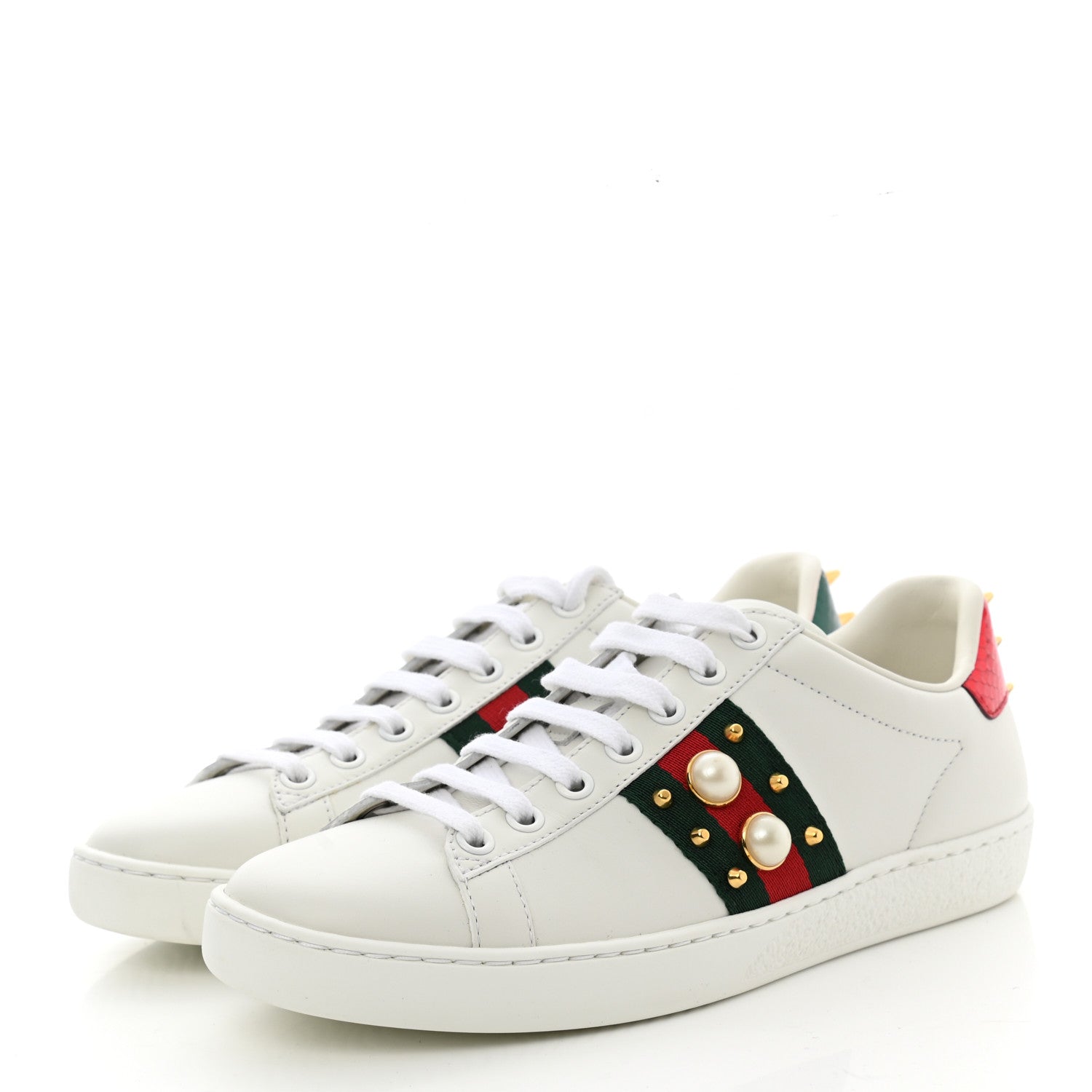 Gucci Calfskin Web Pearl Studded Womens Ace Sneakers 35.5 White 3 of 8