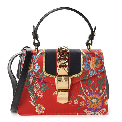 Gucci Jacquard Floral Mini Sylvie Top Handle Bag Red Multicolor Black 1 of 10