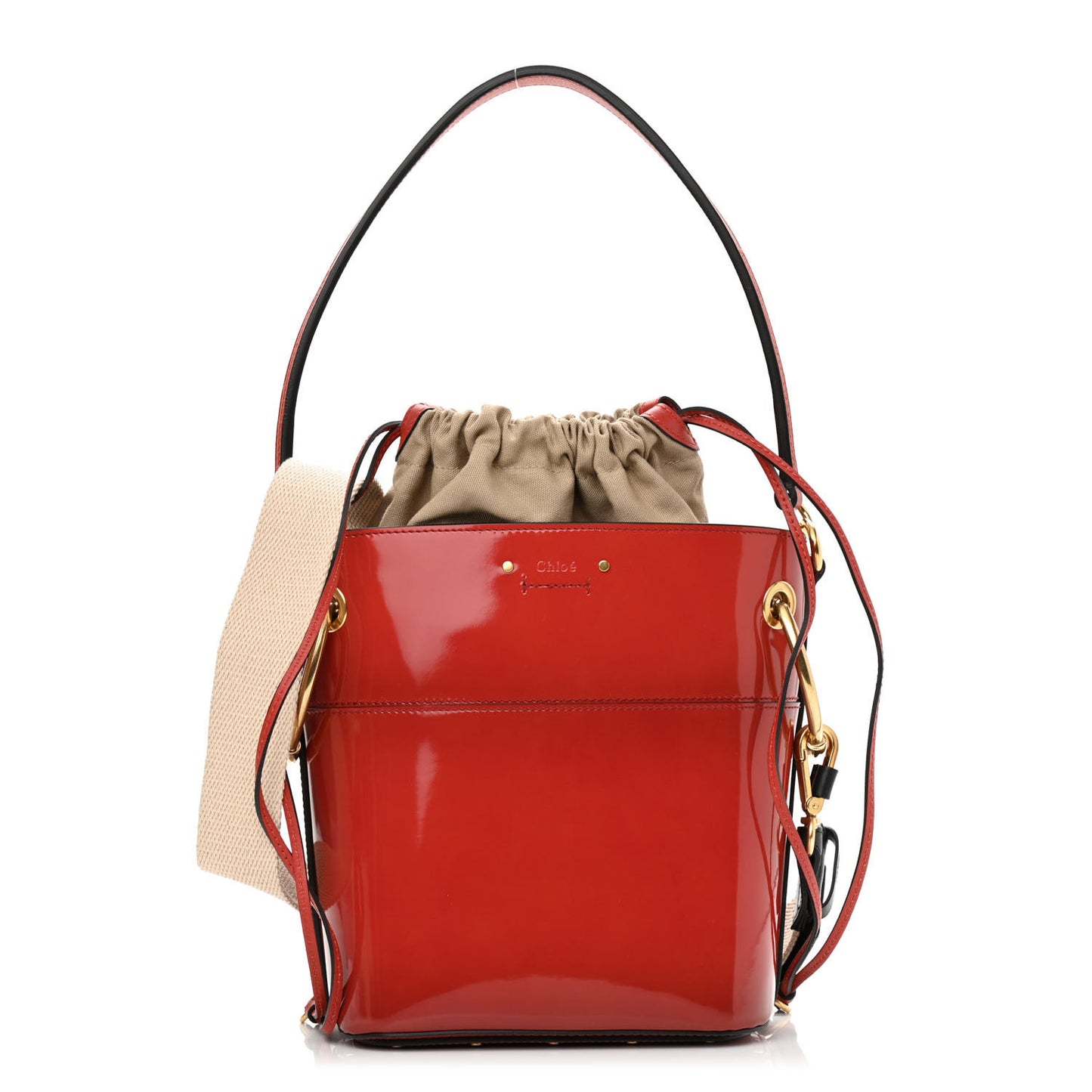 Patent Calfskin Small Roy Bucket Bag Earthy Red