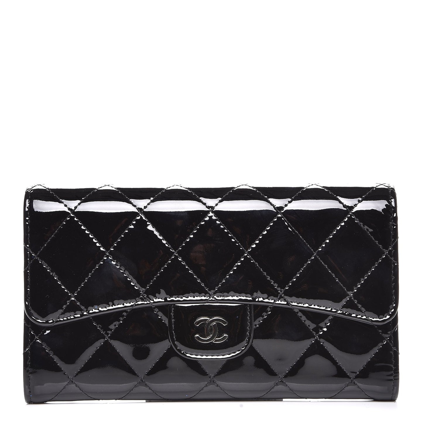 Patent Calfskin Quilted Large Flap Wallet Black