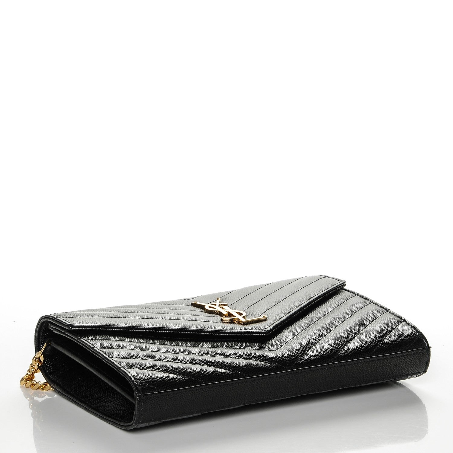 Saint Laurent Grain De Poudre Matelasse Chevron Monogram Chain Wallet Black 4 of 7