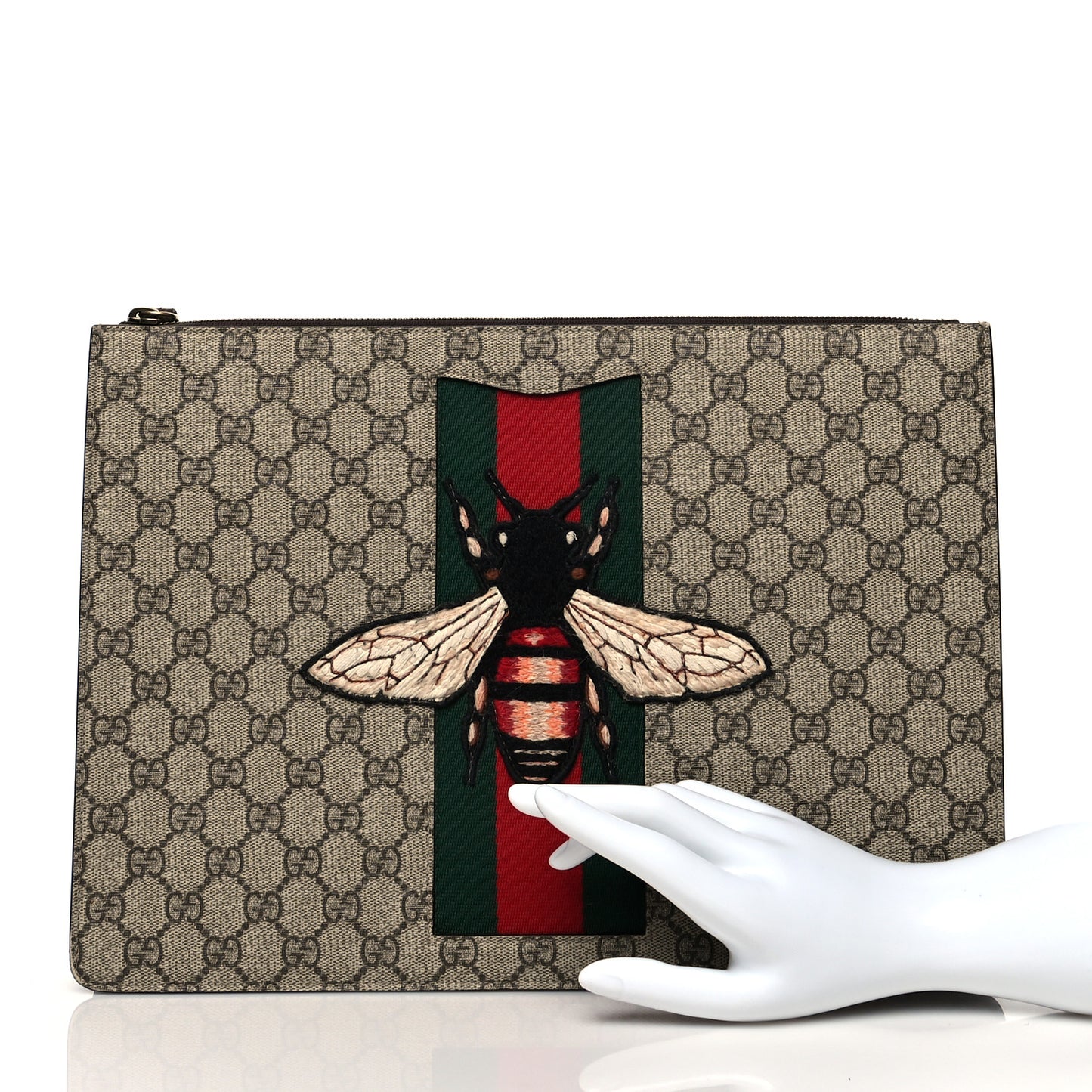 GG Supreme Monogram Web Animalier Bee Embroidered Medium Documents Holder Beige New Acero