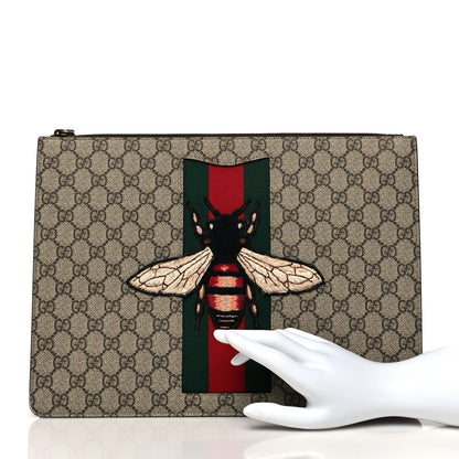 Gucci GG Supreme Monogram Web Animalier Bee Embroidered Medium Documents Holder Beige New Acero 2 of 10