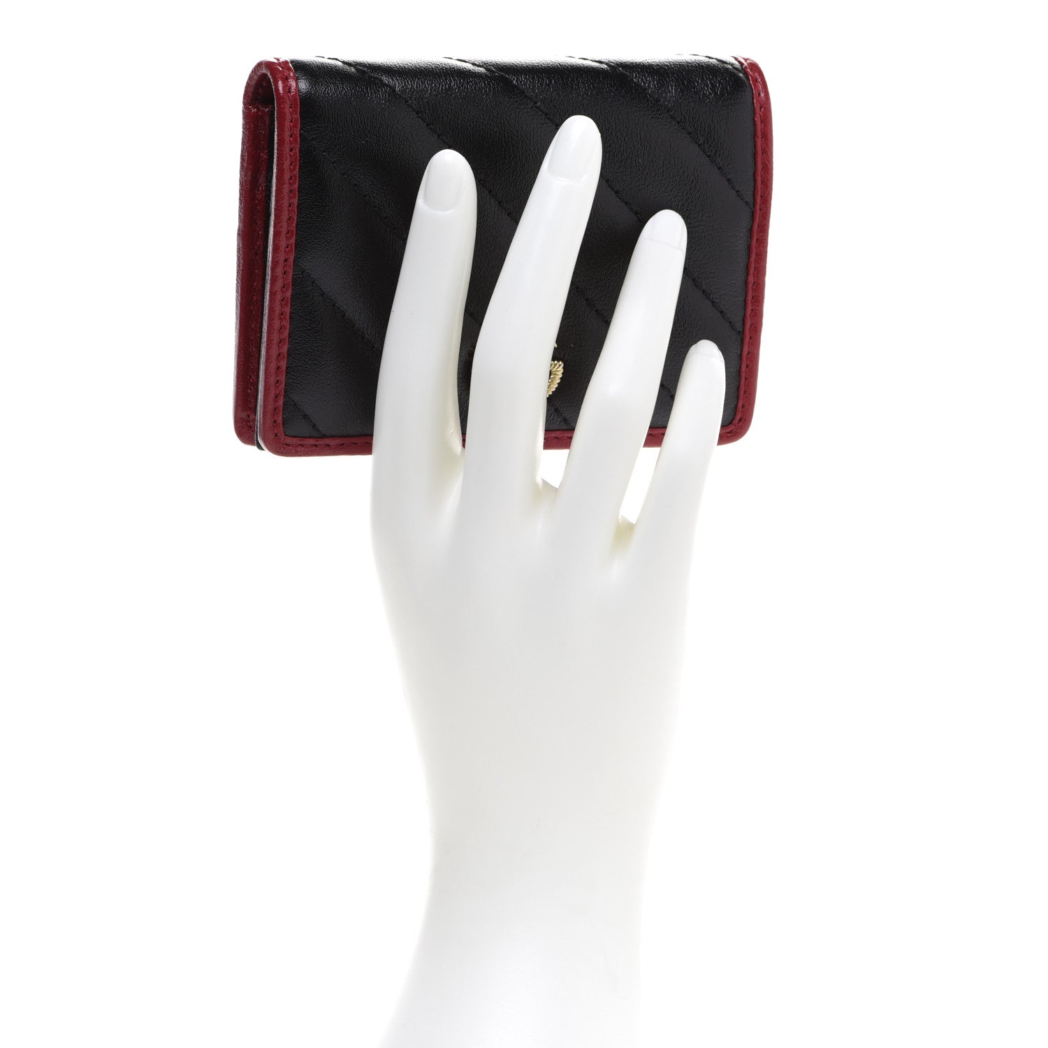 Gucci Vintage Effect Calfskin Matelasse Diagonal Torchon GG Marmont Card Case Wallet Black Romantic Cherry 2 of 8