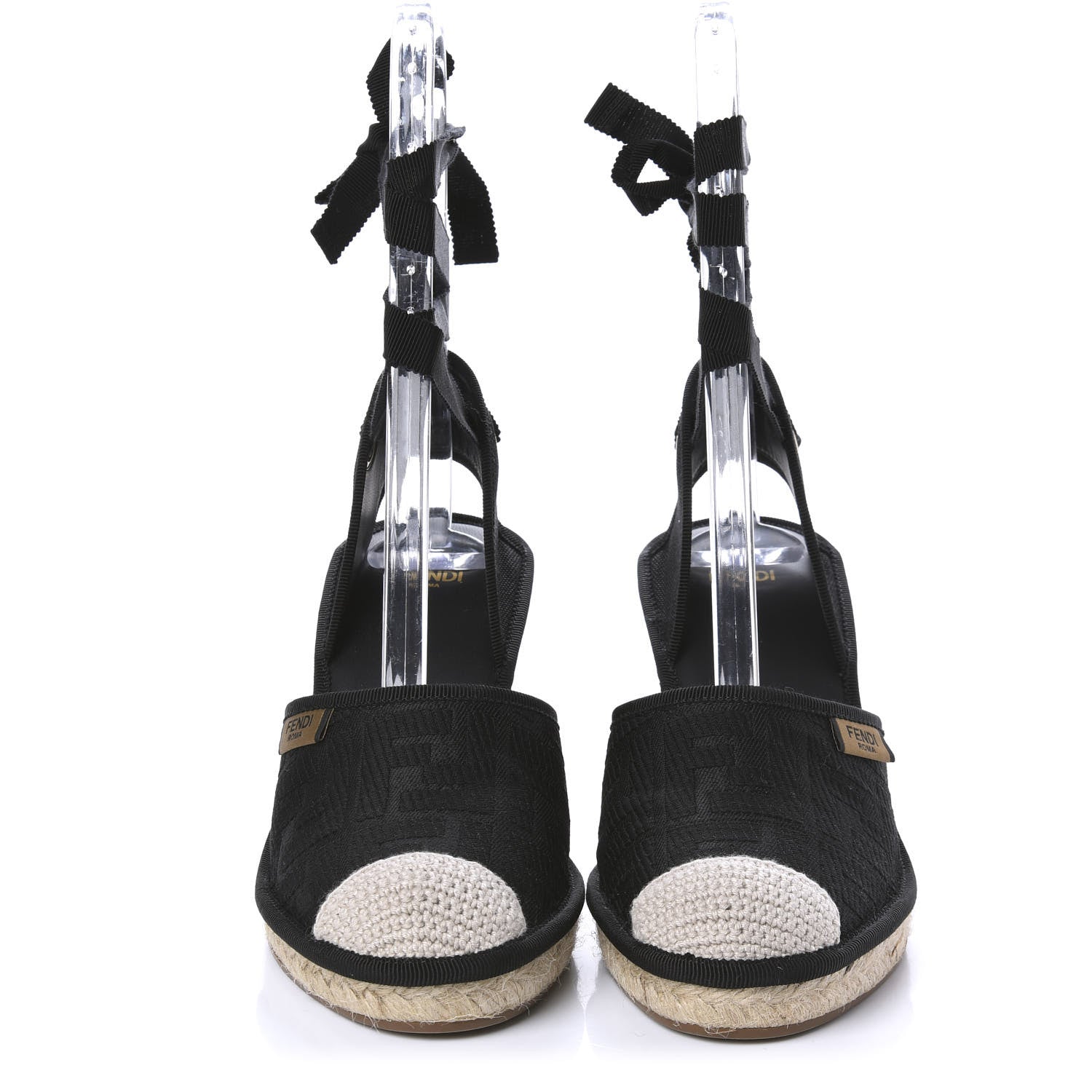 Fendi Canvas FF Embroidered Roma Ankle Wrap Espadrille Wedges 37 Black 2 of 10