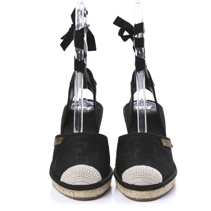 Fendi Canvas FF Embroidered Roma Ankle Wrap Espadrille Wedges 37 Black 2 of 10