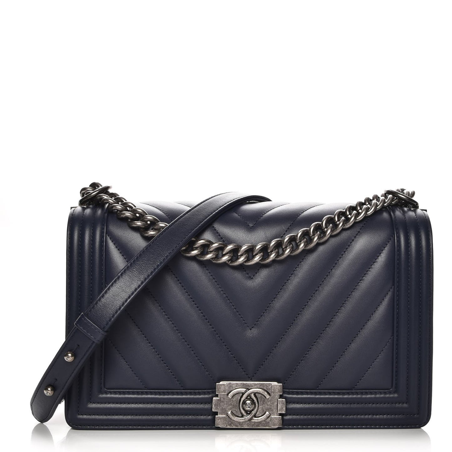 Calfskin Chevron New Medium Boy Flap Dark Navy Blue