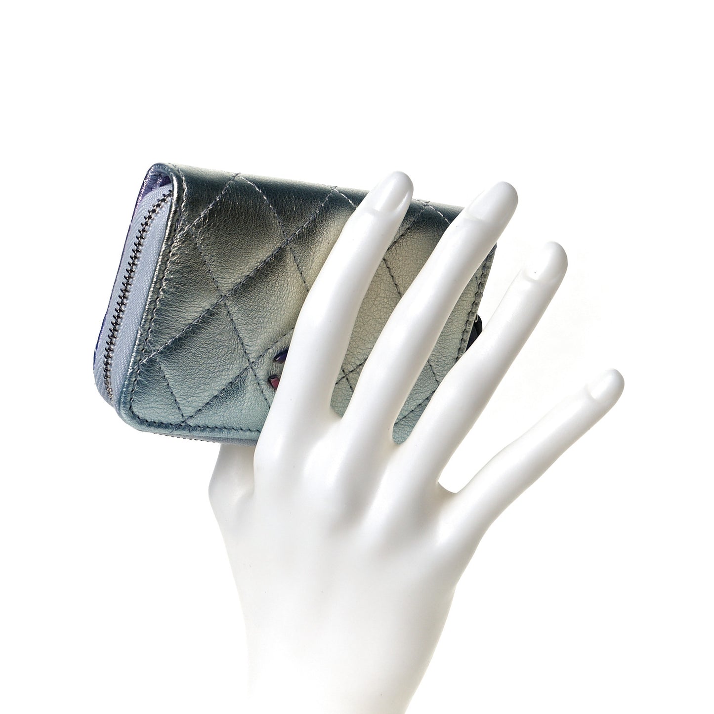 Gradient Metallic Calfskin Quilted Zip Around Coin Purse Wallet Silver Blue Yellow Purple