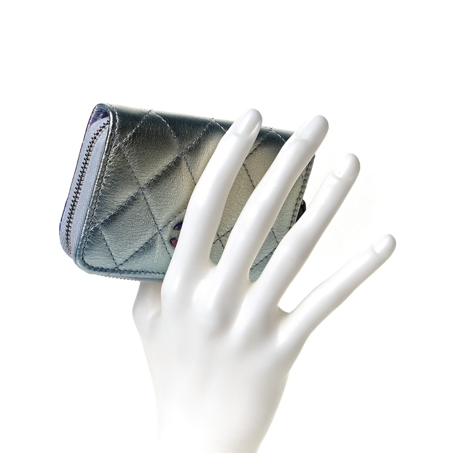 Chanel Gradient Metallic Calfskin Quilted Zip Around Coin Purse Wallet Silver Blue Yellow Purple 2 of 9