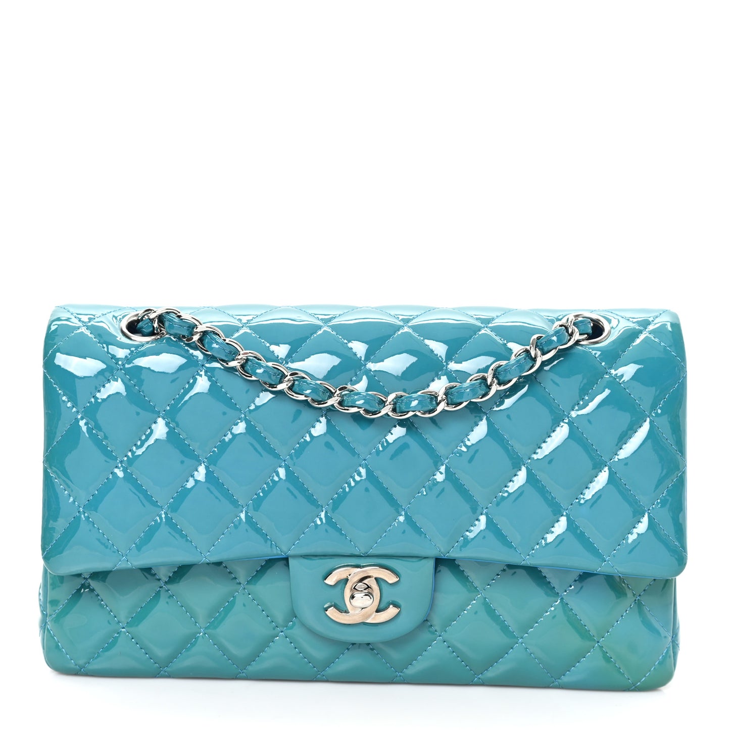 Patent Quilted Medium Double Flap Turquoise