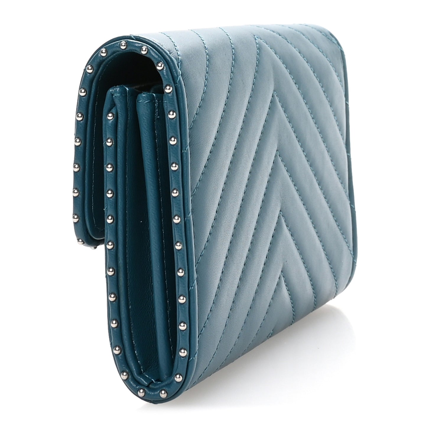 Lambskin Chevron Quilted Studded Small Flap Wallet Teal